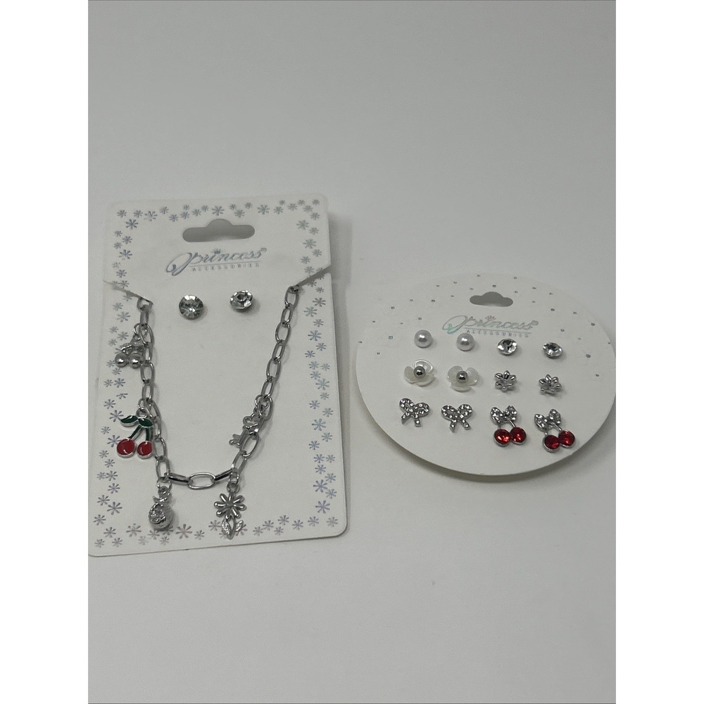 8 NWT Cherry Themed Necklace & Earrings Princess Accessories Silver Tone Jewelry